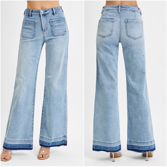 Risen Light Wash Pockets High Waisted Wide Leg Denim Jeans - Picture 3 of 3